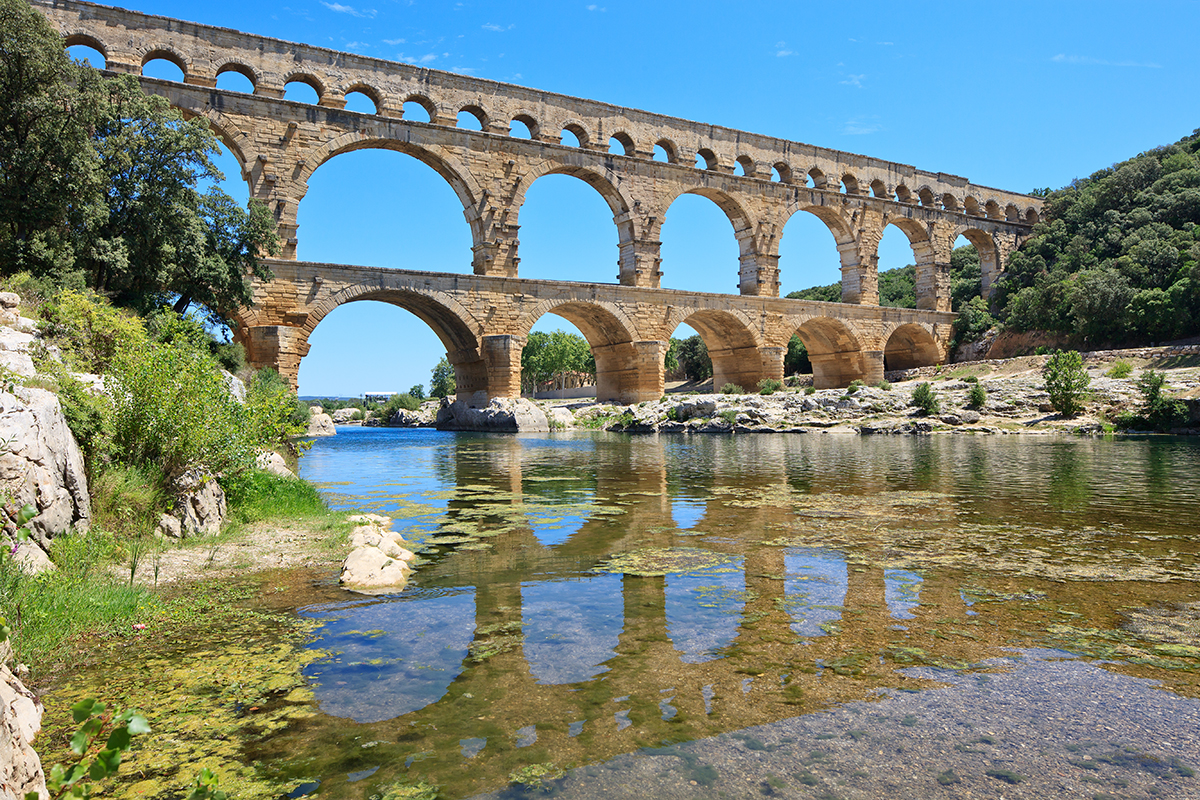 Roman aqueduct Pont du Gard, Languedoc, France. Unesco site.