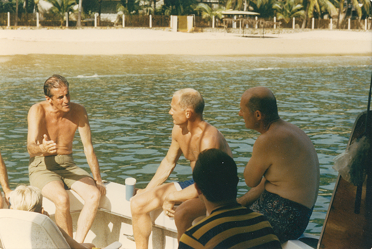 Vic Agather, Buzz Aldrin and Tom Stafford on Agather's fishing boat at Pichilingue Beach, Acapulco, Summer 1969