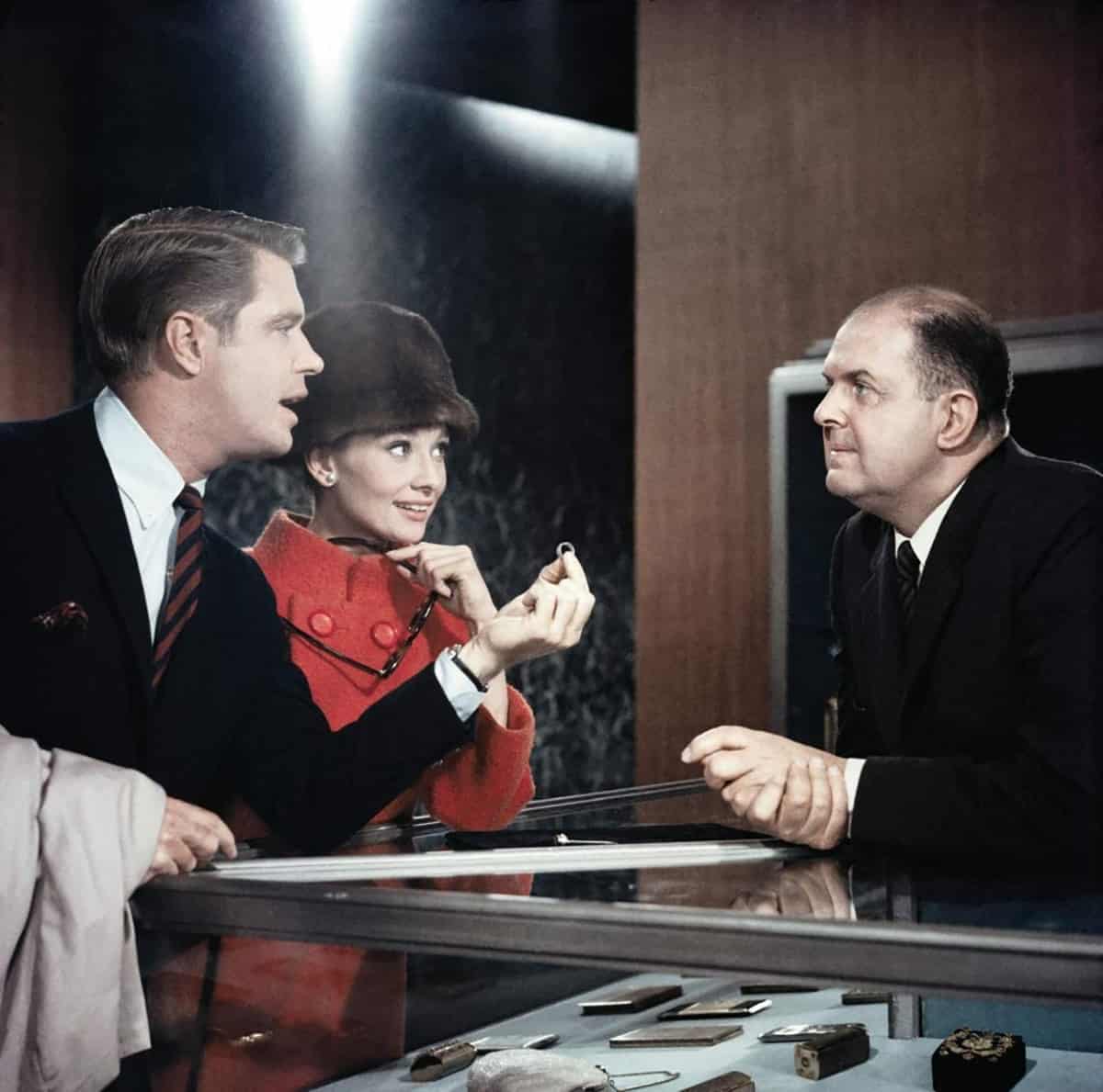George Peppard, Audrey Hepburn and John McGiver in Breakfast At Tiffany_s, 1961