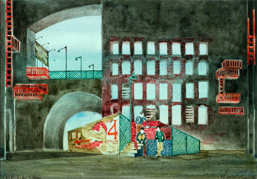 Oliver Smith, Scene design for Act I, scene 1, in West Side Story, 1957. Watercolor and graphite on paper. Courtesy of Robert L.B. Tobin Foundation